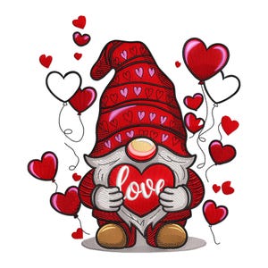 Valentine's Gnome Embroidery Design, Heart Balloons (pes, dst, exp, hus, jef, cnd, vp3, xxx)