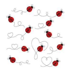 Op de afbeelding: Een digitale illustratie van rode lieveheersbeestjes met zwarte stippen die vliegen op een witte achtergrond. Elk lieveheersbeestje is verbonden met een zwarte lijn die een hartvorm of een werveling vormt.
