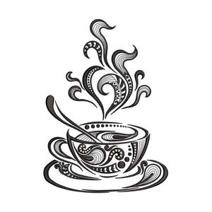 May include: A black and white illustration of a coffee cup with steam rising from it. The cup and saucer are decorated with intricate floral patterns.