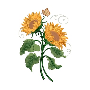 Sonnenblume Stickdatei, Sonnenblume mit Blatt Maschinenstickdatei, Blumen Stickdatei, Floral Botanischer Garten Zweig PES File