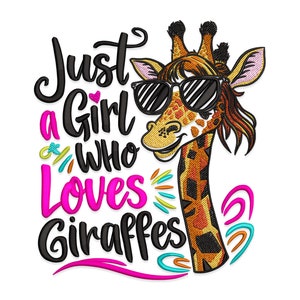 Może przedstawiać: Czarno-różowa grafika z tekstem "Just a Girl Who Loves Giraffes" i kreskówkową żyrafą w okularach przeciwsłonecznych.