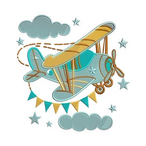 May include: A blue and yellow airplane with brown accents flies through the air with clouds and stars.  The airplane has a banner of blue and yellow flags hanging from it.