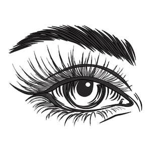 May include: A black and white line drawing of a single eye with a thick eyebrow and long eyelashes.