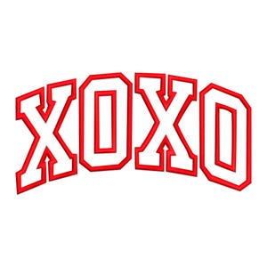May include: Red embroidered letters spelling "XOXO" on a white background. The letters are in a bold, collegiate-style font, with a thick red outline and a white interior. The design is slightly curved.