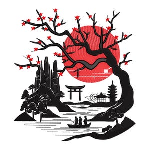 Japanese Garden Embroidery Design, Oriental Gate With Japanese Wedding Machine Embroidery Design, Japanese Temple Embroidery File.