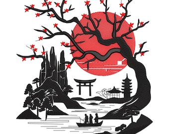 Japanese Garden Embroidery Design, Oriental Wedding Machine File