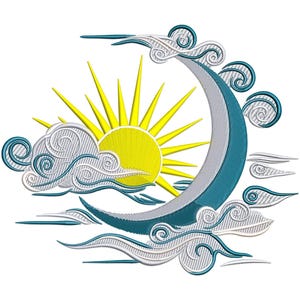 Peut inclure: Un motif de broderie stylisé représentant une lune croissante avec un soleil jaune qui se cache derrière. La lune et le soleil sont entourés de nuages blancs avec des détails en spirale.