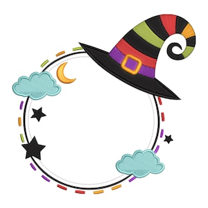 May include: A whimsical Halloween design featuring a witch's hat with black, red, green, and orange stripes, a purple band, and a gold buckle. The design includes a circular frame with clouds, stars, and a crescent moon, perfect for seasonal crafts.