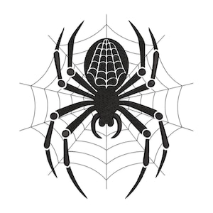 Könnte beinhalten: Schwarze Spinnen-Silhouette auf einem weißen Netz. Die Spinne hat acht Beine und einen runden Körper mit einem Netz-Muster.