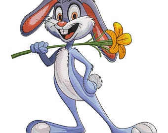 Bunny with Flower Machine Embroidery Design, Easter Rabbit (PES, DST, EXP)