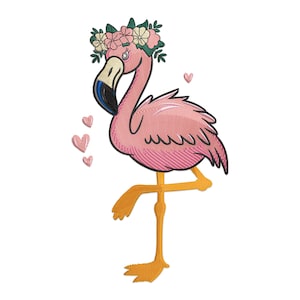 Flamingo Embroidery Design, Flamingo with flowers and Hearts Machine Embroidery Design, Flamingo Embroidery File, Animal Embroidery Design.