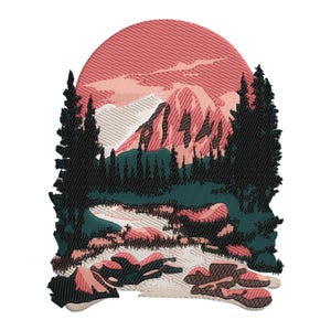 Mountain Embroidery Design, Colorful Landscape Machine Embroidery Design, Sunset Forest Embroidery File, Cute Nature landscape Scene