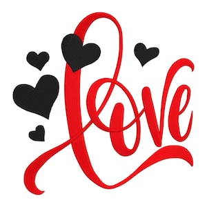 May include: Red cursive word "LOVE" with black hearts surrounding it.