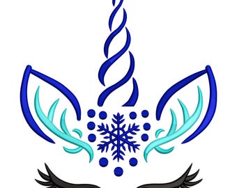 May include: Blue and turquoise unicorn face with a snowflake and dots in the center. The unicorn has a spiral horn and eyelashes.