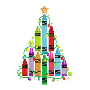 May include: A colourful Christmas tree made of crayons with a gold star on top. The crayons are arranged in a tree shape and are decorated with green garland and yellow lights.