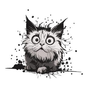 May include: Black and white illustration of a cat with large eyes and a surprised expression. The cat is surrounded by black ink splatters.