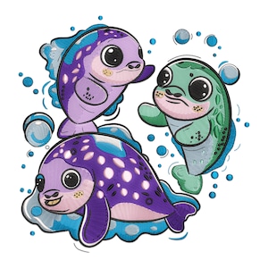 Sea Animal Embroidery Design, Playful Seal in sea Water Machine Embroidery Design, Children&#39;s Seal Embroidery File, Cute Sea Animal Design.