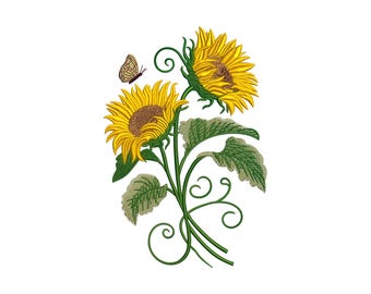 Sunflower Embroidery Design, Sunflower with Leaf Machine Embroidery Design, flowers Embroidery File, Floral Botanical Garden Branch PES File