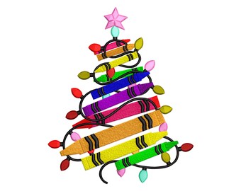 Crayon Christmas Tree Embroidery Design, Teacher Holiday (PES File)