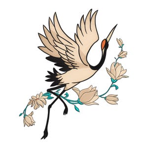 Crane Bird Embroidery Design, Japanese Crane Bird with Flower Machine Embroidery Design, Flying Red-Crowned Crane Bird Embroidery File.