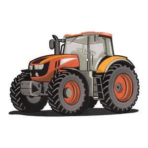 May include: A red and orange tractor with large black tires. The tractor has a black cab with a windshield and a black steering wheel.