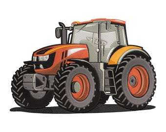 May include: A red and orange tractor with large black tires. The tractor has a black cab with a windshield and a black steering wheel.