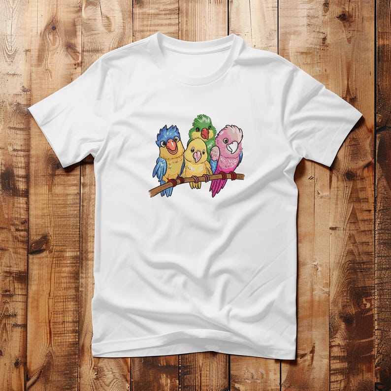 Peut inclure: T-shirt blanc avec un motif de quatre perroquets color&eacute;s perch&eacute;s sur une branche.