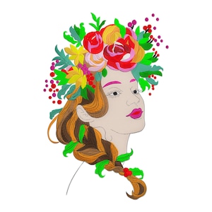 Floral woman Embroidery Design, Woman Face with Rose Flowers Machine Embroidery Design, Cute Girl face with flowers Embroidery Pattern.