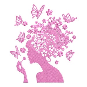 Woman Face with Flowers and Butterflies Embroidery Design, Beautiful Woman Face with Butterflies Machine Embroidery Design.