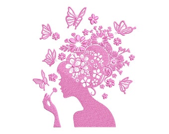 Motif de broderie visage de femme avec fleurs (téléchargement numérique)