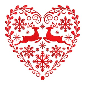 Skandinavisches Weihnachtsherz-Stickerei, Skandinavisches Weihnachtsherz mit Weihnachtshirsch Maschinenstickerei.