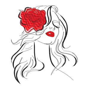 Peut inclure: Un dessin au trait d'une femme aux cheveux longs et flottants. Elle porte une rose rouge derrière l'oreille et ses yeux sont fermés. Ses lèvres sont peintes d'un rouge vif.