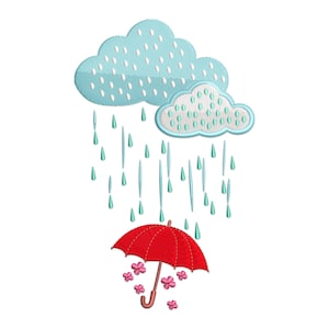 Può includere: Un disegno ricamato con una nuvola azzurra con dettagli bianchi e una nuvola più piccola. La pioggia cade dalle nuvole su un ombrello rosso con fiori rosa. Il disegno è su sfondo bianco.