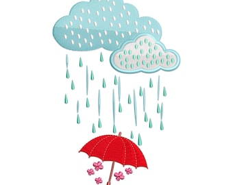 Rainy Day Umbrella Embroidery Design: Flowers, Cloud, Raindrops