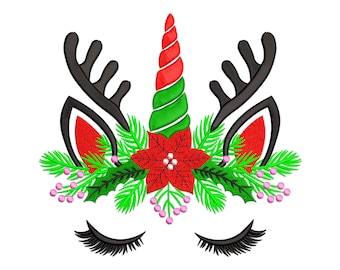 May include: A Christmas-themed unicorn design with red and green poinsettia flowers, holly leaves, and black antlers. The unicorn has closed eyes and long eyelashes.