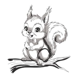 May include: A black and white illustration of a cartoon squirrel with a bow tie, sitting on a tree branch. The squirrel has large eyes and a fluffy tail. The image is a line drawing.