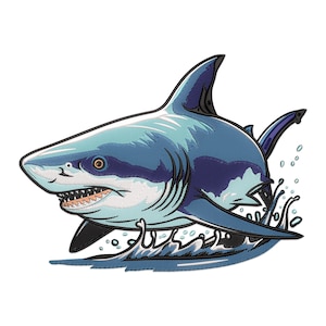 Puede incluir: Un tiburón azul y blanco de dibujos animados con una sonrisa de dientes, saltando fuera del agua con un chapoteo. El tiburón tiene una aleta y una cola azul oscuro.