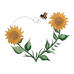 May include: Embroidered design of two sunflowers forming a heart shape, with green leaves and stems. A bee flies near the top, with a curved line connecting the flowers. The sunflowers have yellow petals and brown centers.