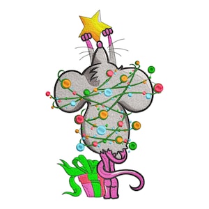 Mouse Embroidery Design, Mouse with Christmas Lights And Gifts Machine Embroidery Design, Christmas Mouse with Giftbox Embroidery File.
