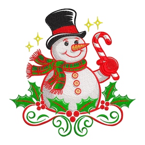 May include: A cartoon snowman wearing a black top hat, red scarf, and green scarf with a candy cane in his right hand. The snowman is surrounded by green holly leaves and red berries.
