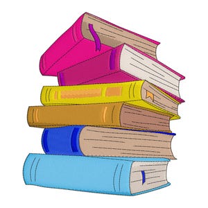 May include: A stack of six books in various colors, including pink, yellow, brown, blue, and light blue. Each book has a different colored spine and a bookmark. The books are stacked on top of each other.