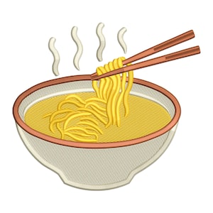 May include: An embroidered image of a bowl of ramen noodles. The bowl is white with a brown rim, filled with yellow broth and noodles. Brown chopsticks are lifting a portion of the noodles, with steam rising above the bowl.