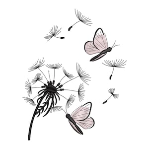 May include: Black and white embroidery design of a dandelion with seeds blowing in the wind and two butterflies. The butterflies are pink and white.