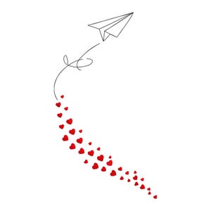 Paper Plane Embroidery Design, Paper Plane with Hearts Machine Embroidery Design, Red Hearts Embroidery File, Paper Plane Outline Embroidery