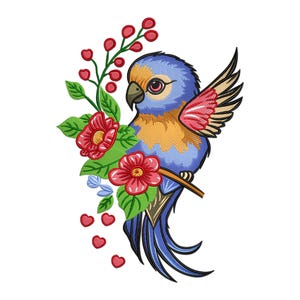 Parrot Embroidery Design, Colorful Parrots are sitting on a branch Machine Embroidery Design, Cute Parrot with Flower Embroidery Design.