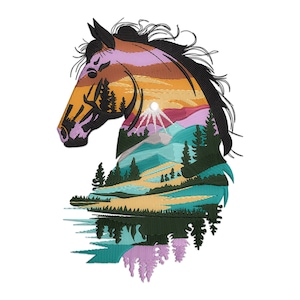 May include: A silhouette of a horse's head with a colourful mountain landscape inside. The horse's mane is black, and the landscape features a sunset with purple, orange, and blue hues.