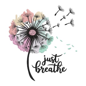 Puede incluir: Ilustración en blanco y negro de un diente de león con acentos de color pastel. Las semillas de diente de león se están volando en el viento. El texto "just breathe" está escrito en cursiva negra debajo del diente de león.
