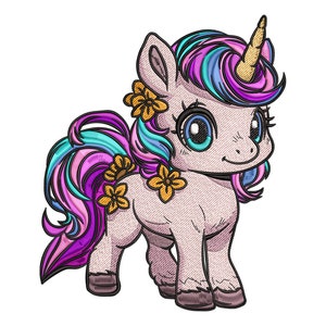 May include: A pink and blue unicorn with a gold horn and yellow flowers in its mane. The unicorn has big blue eyes and a friendly smile.