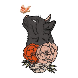 Cat with Butterfly Embroidery design, Black Cat With Butterfly and Flower Machine Embroidery Design, Animal Embroidery Design.