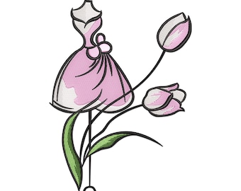 Pink Dress and Tulip Flowers Embroidery Design: Fashion Machine Stitch File